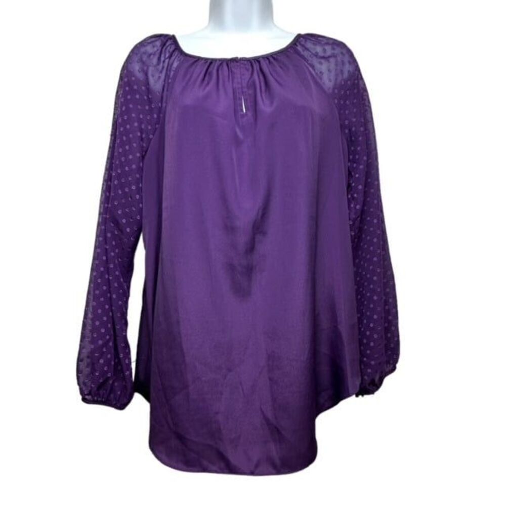 Daisy Fuentes Womens  Purple Silky Top With Sheer Polka Dot Sleeves Small‎ S